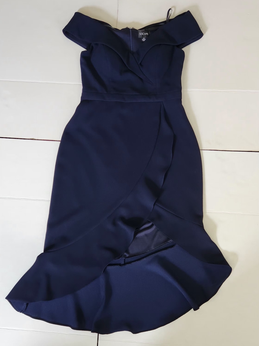 Xscape Off-Shoulder Navy Blue Wrap Dress